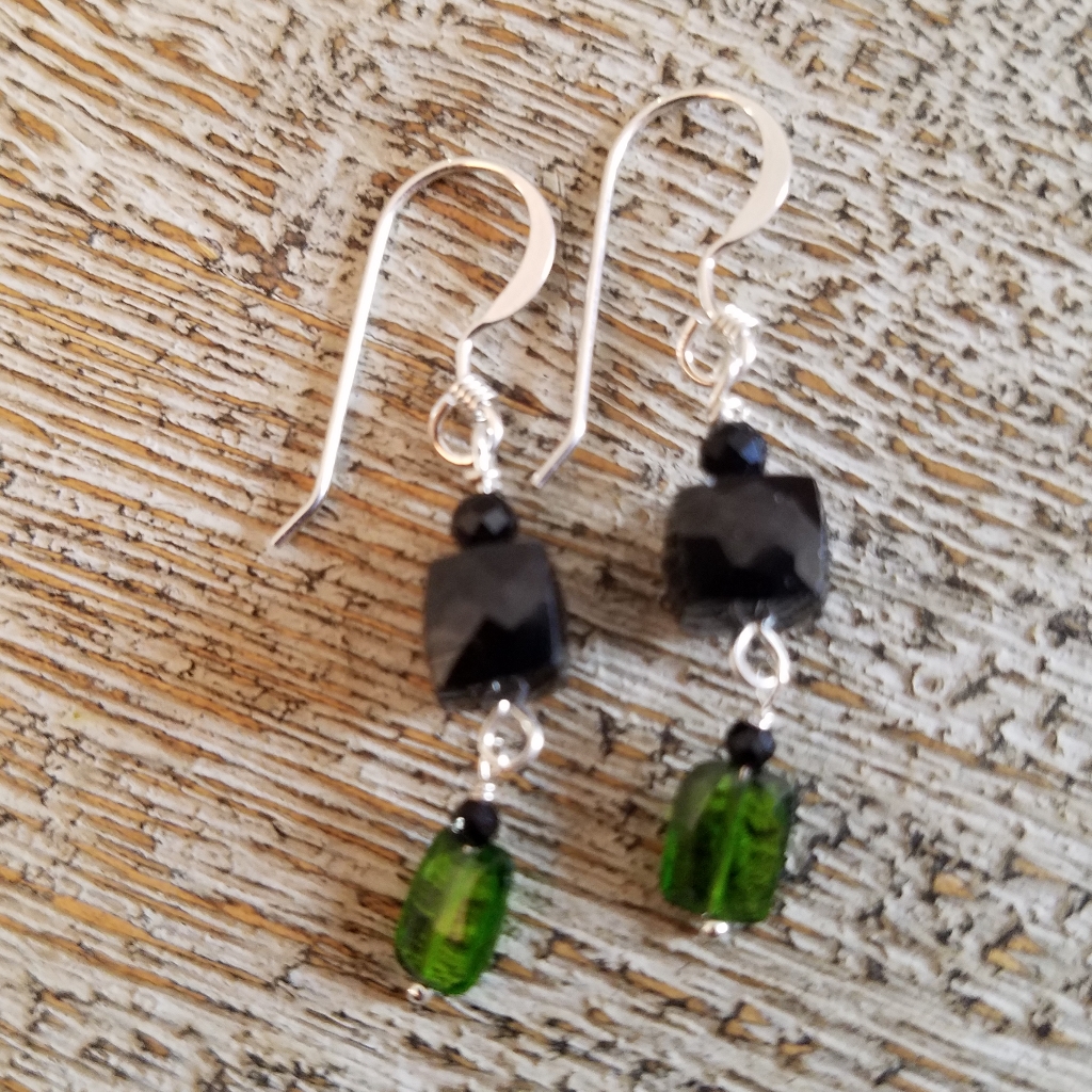 Onyx Cube & Chrome Diopside Briolette Chandelier Earrings
